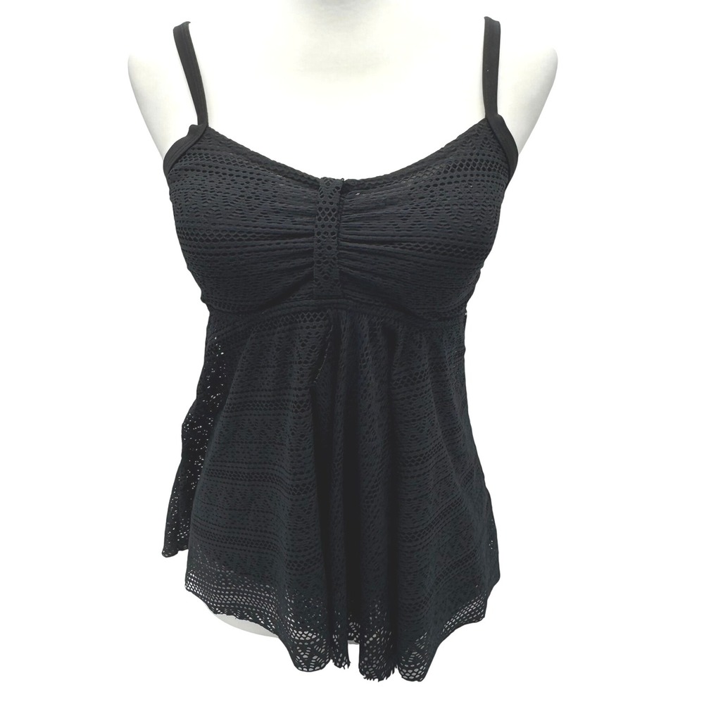 CHARMLEAKS Medium Black Crochet Lace Babydoll Boho Lined Padded Tankini Top Swim